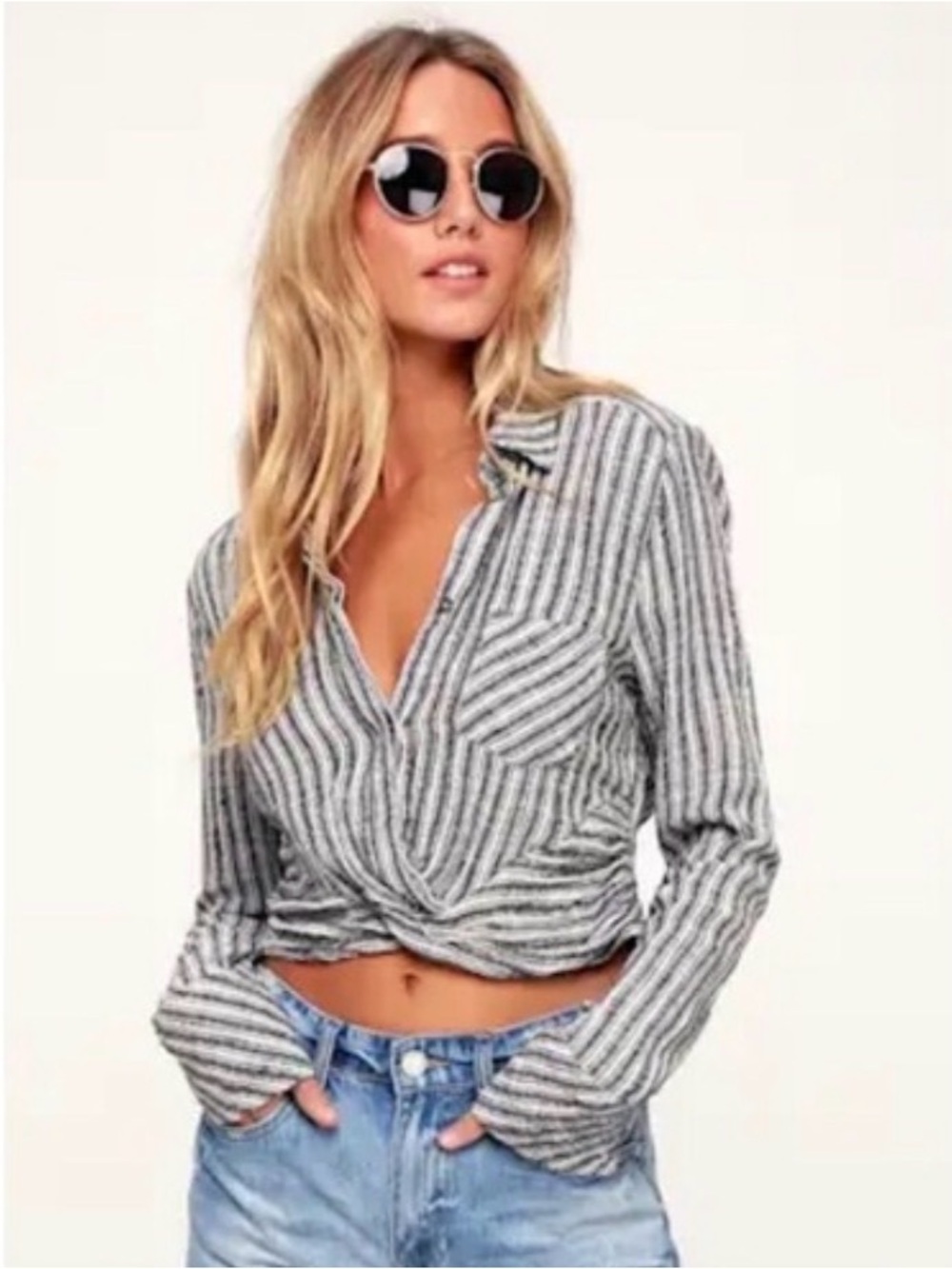 Free People Lust for Life White Striped Long Sleeve Crop Top XS